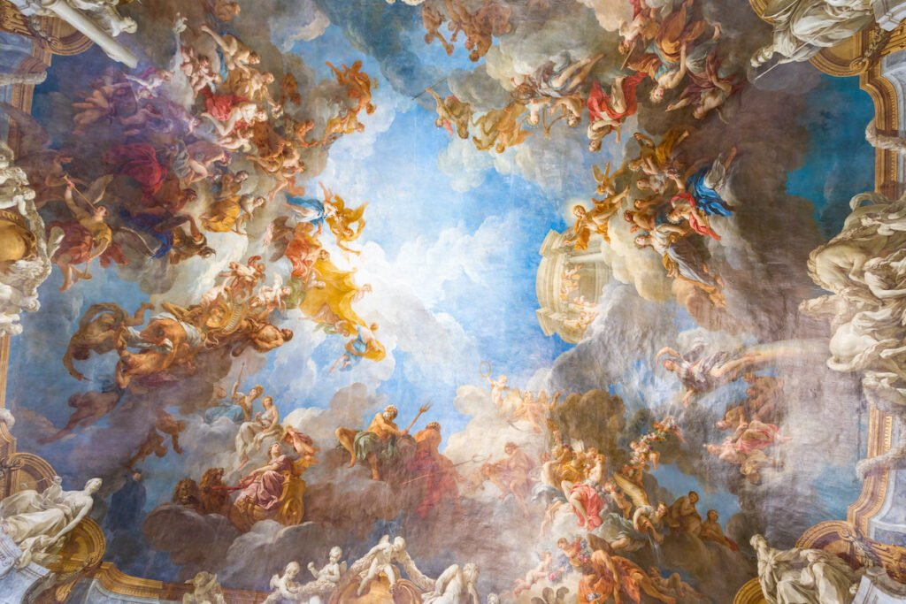 VERSAILLES PARIS, FRANCE - MAY 30: Ceiling painting in one of the rooms of the Royal Chateau Versailles on May 30, 2015 at the Palace of Versailles near Paris, France