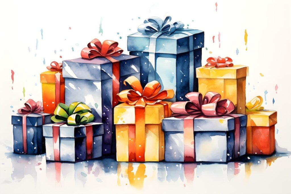 Watercolor painted christmas gift boxes